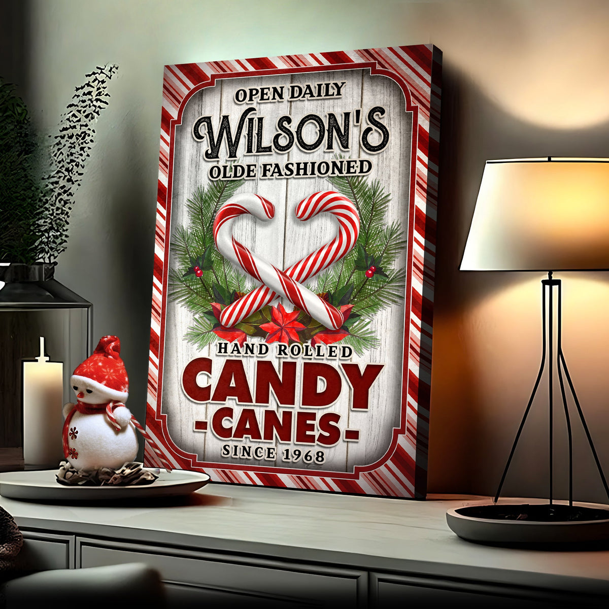 Canvas sign with red striped border and rustic wood panel Wilson's Olde Fashioned Candy Canes on Tampa Home & Garden Store