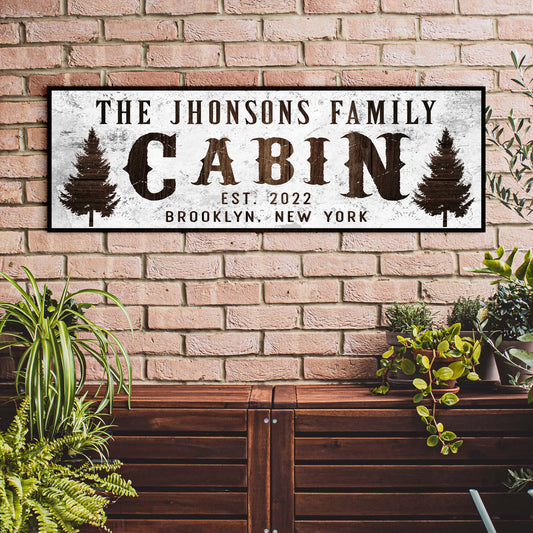 Family Cabin Sign II canvas by Tailored Canvases rustic sign with trees on brick on Tampa Home & Garden Store