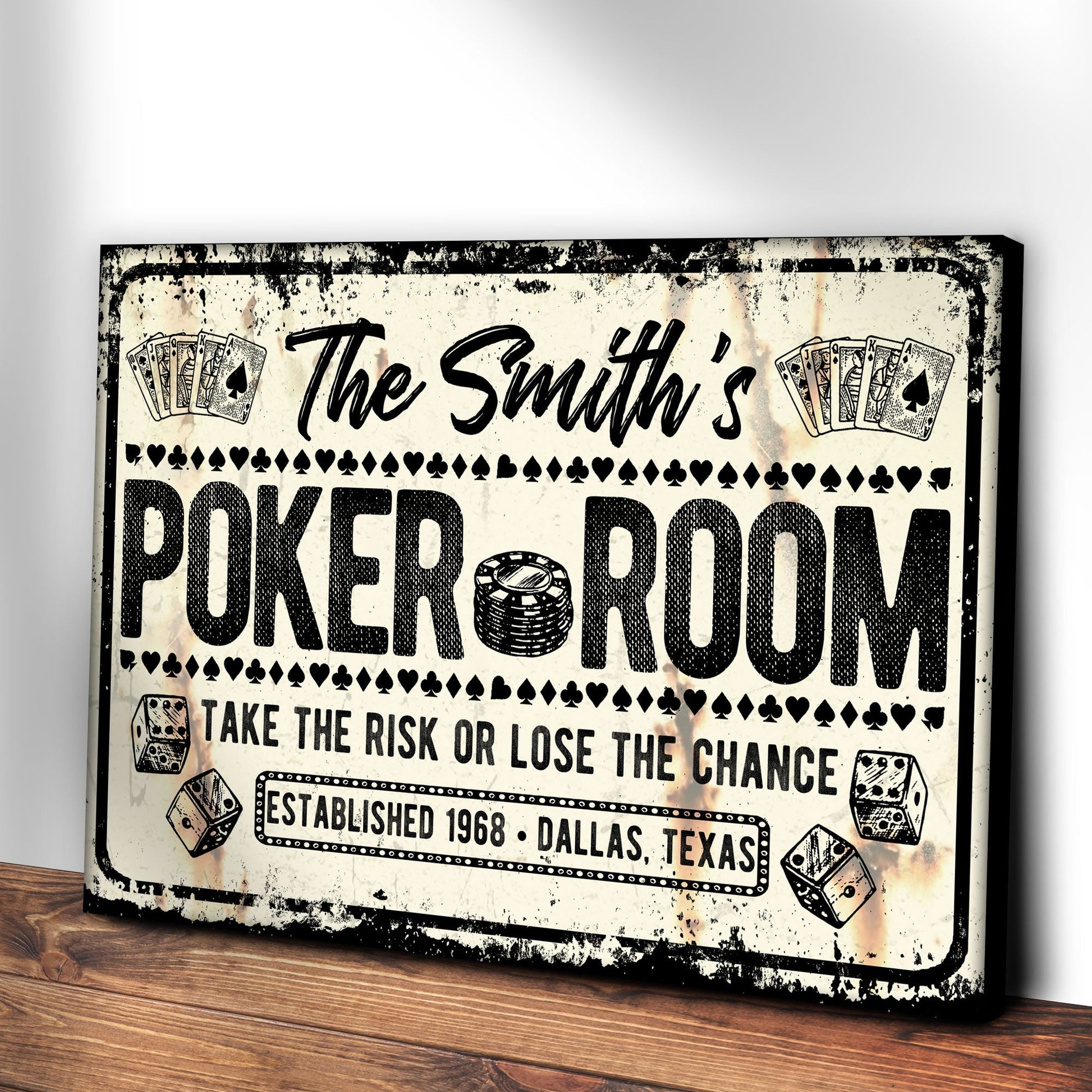 Take The Risk Poker Room Sign canvas with typography and poker cards by Tailored Canvases on Tampa Home & Garden Store