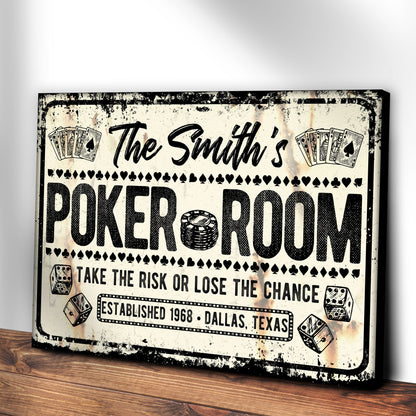 Take The Risk Poker Room Sign canvas with typography and poker cards by Tailored Canvases on Tampa Home & Garden Store