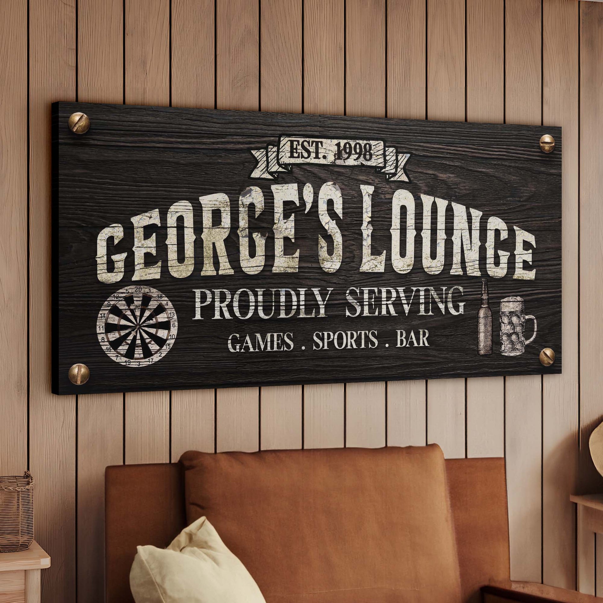 Proudly Serving Lounge Sign canvas with dark wood grain and distressed white lettering on Tampa Home & Garden Store