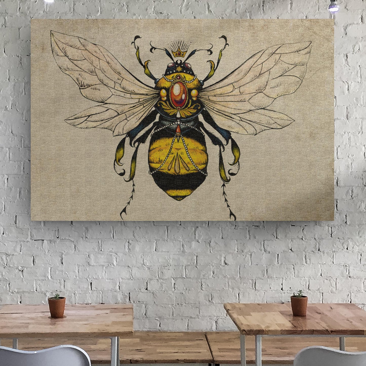Vintage Queen Bee Canvas beige linen background crowned bee illustration Tailored Canvases on Tampa Home & Garden Store