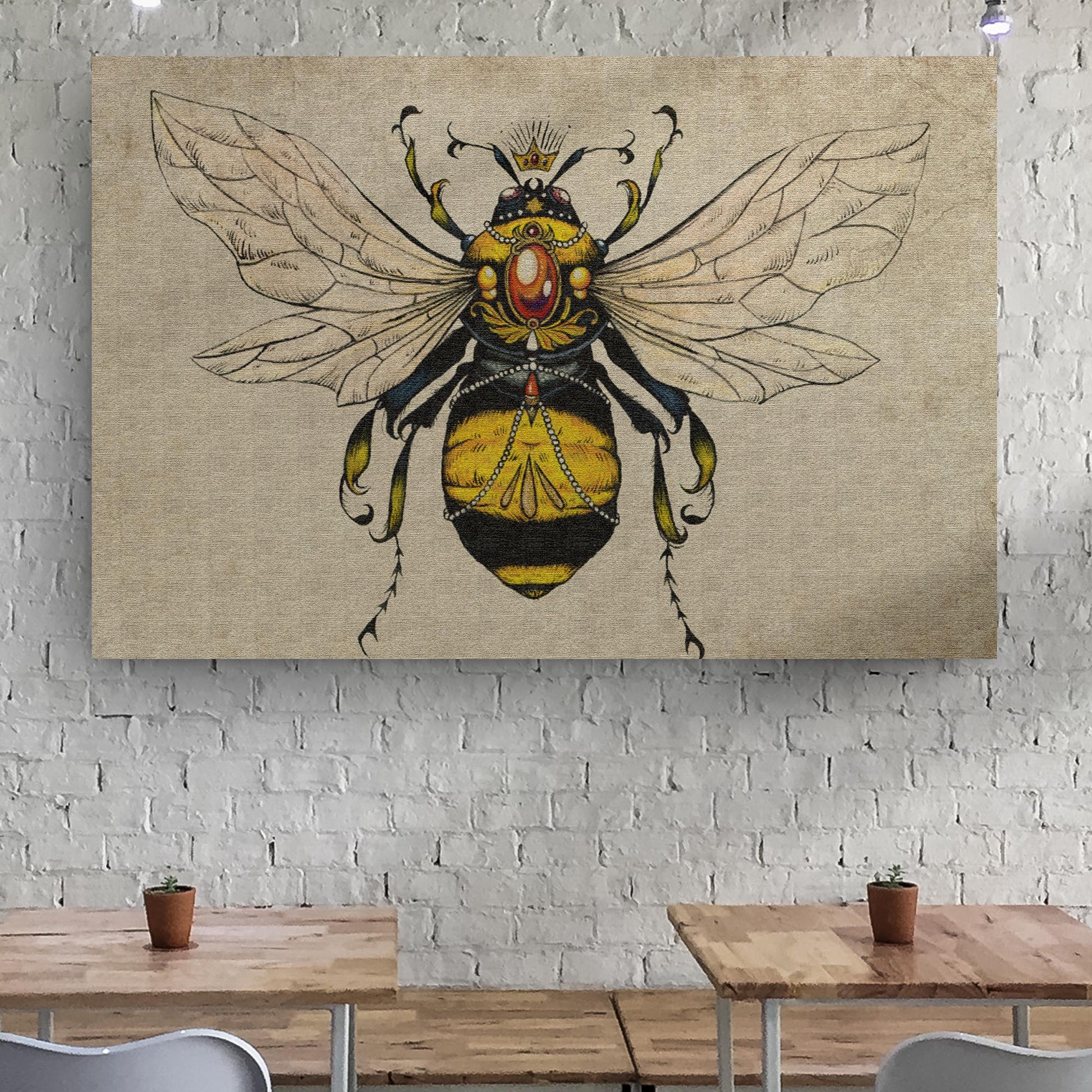 Vintage Queen Bee Canvas beige linen background crowned bee illustration Tailored Canvases on Tampa Home & Garden Store