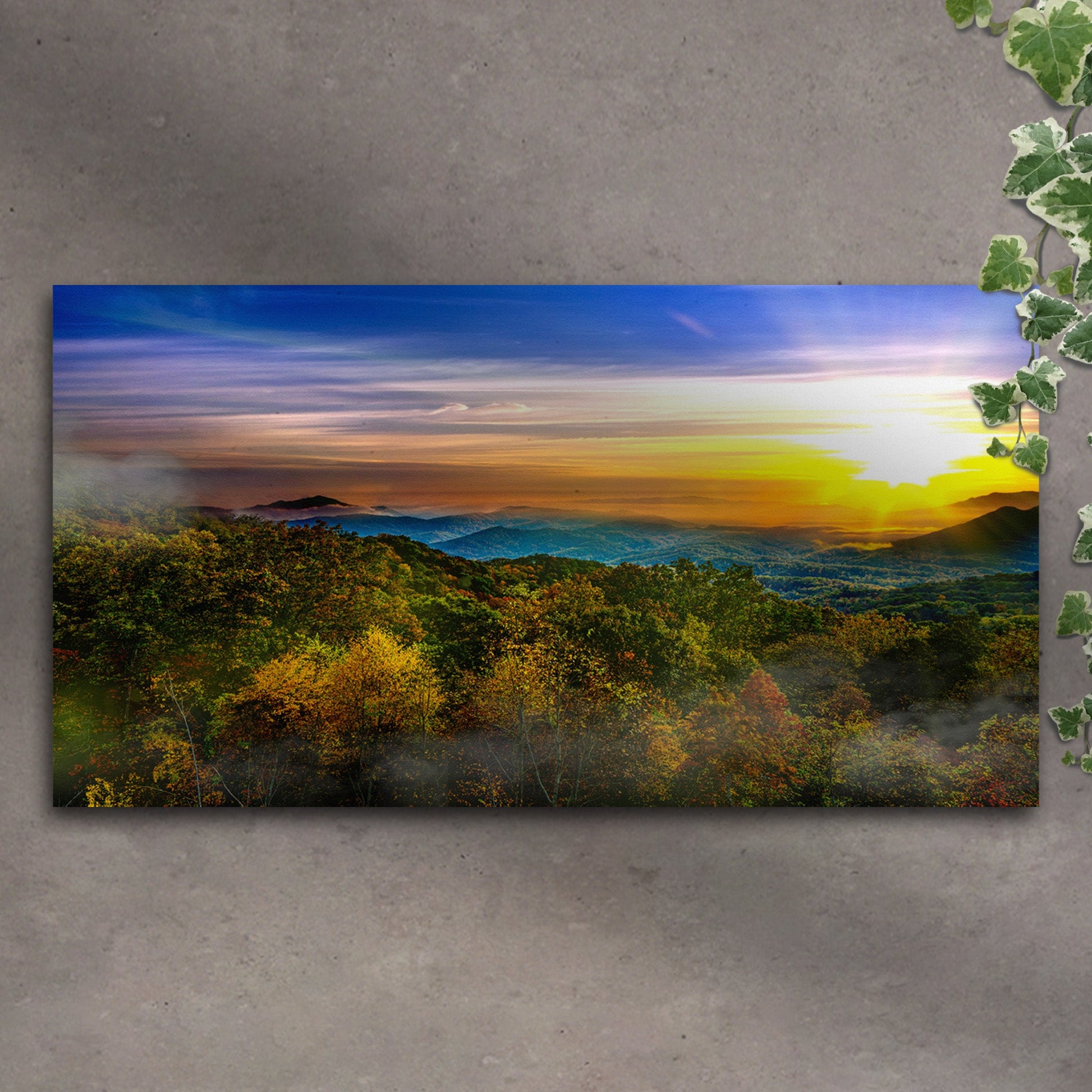 Foggy Mountain At Sunrise canvas wall art by Tailored Canvases with sunrise over hills on Tampa Home & Garden Store