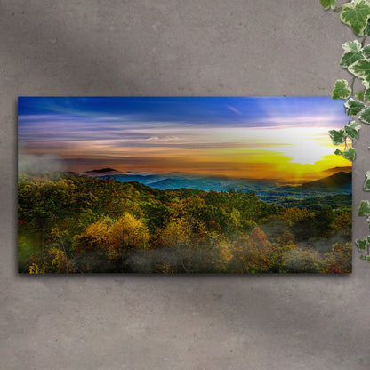 Foggy Mountain At Sunrise canvas wall art by Tailored Canvases with sunrise over hills on Tampa Home & Garden Store