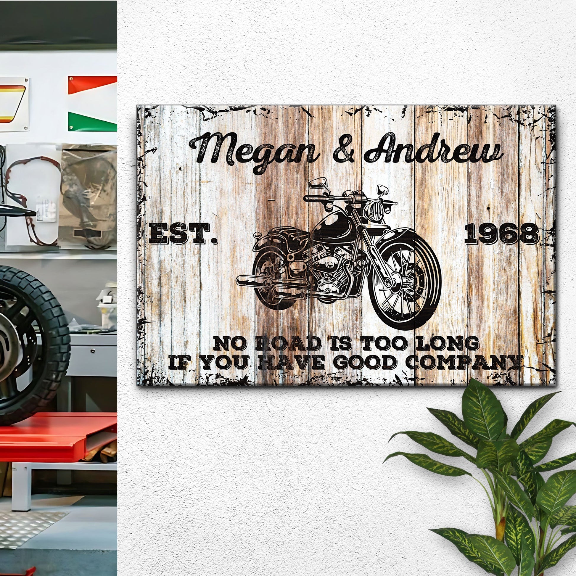 Motorcycle Wood Sign canvas with rustic wood planks and motorcycle illustration Tailored Canvases on Tampa Home & Garden Store
