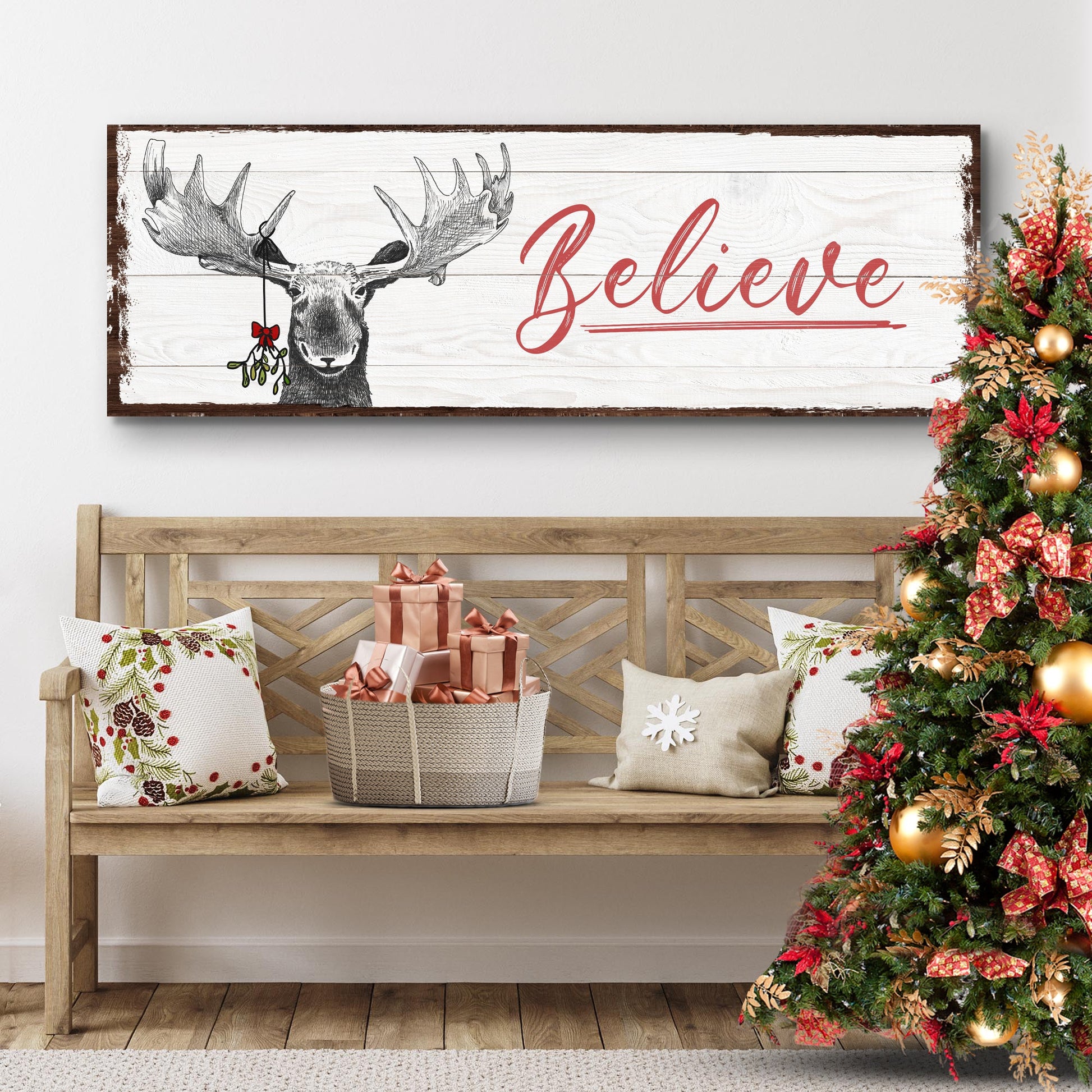 Believe Sign III canvas by Tailored Canvases on pale wood with red script and moose illustration on Tampa Home & Garden Store