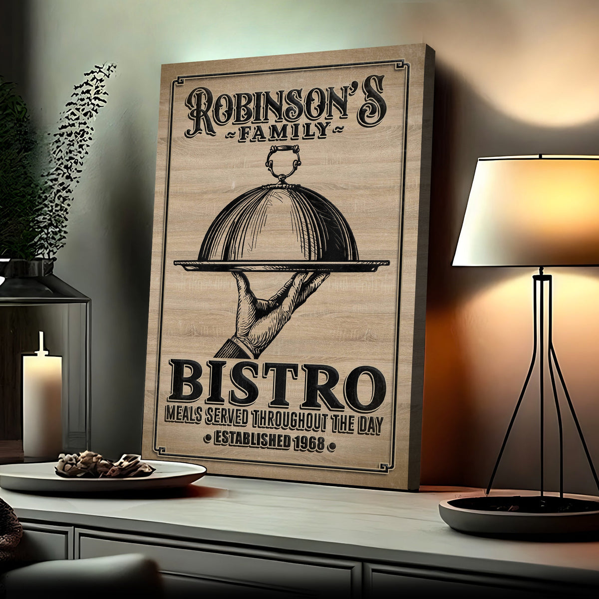 Family Bistro Sign III canvas by Tailored Canvases with woodgrain background on Tampa Home & Garden Store