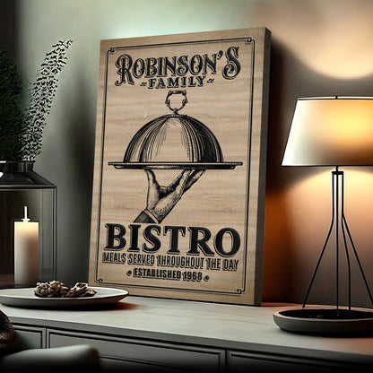 Family Bistro Sign III canvas by Tailored Canvases with woodgrain background on Tampa Home & Garden Store