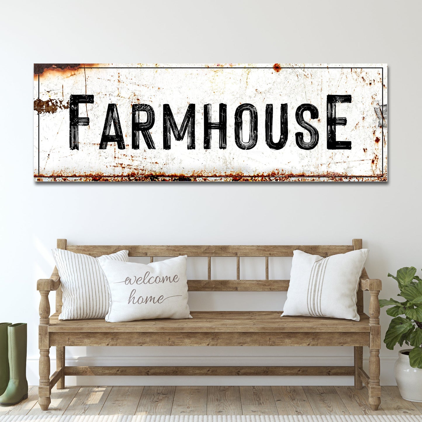 Farmhouse sign canvas print with distressed white background, rust marks, and bold FARMHOUSE text on Tampa Home & Garden Store