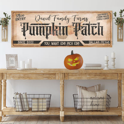 Family Farms Pumpkin Patch canvas sign II by Tailored Canvases with vintage tan background on Tampa Home & Garden Store