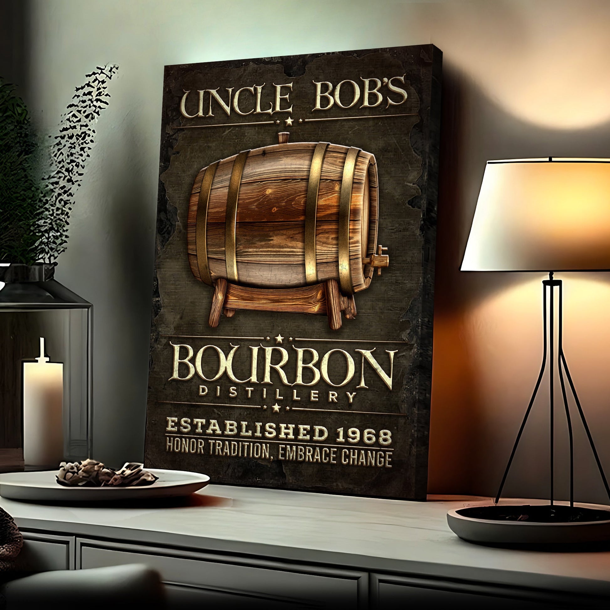 Bourbon Distillery Sign canvas Tailored Canvases with rustic wood panel and barrel motif on Tampa Home & Garden Store