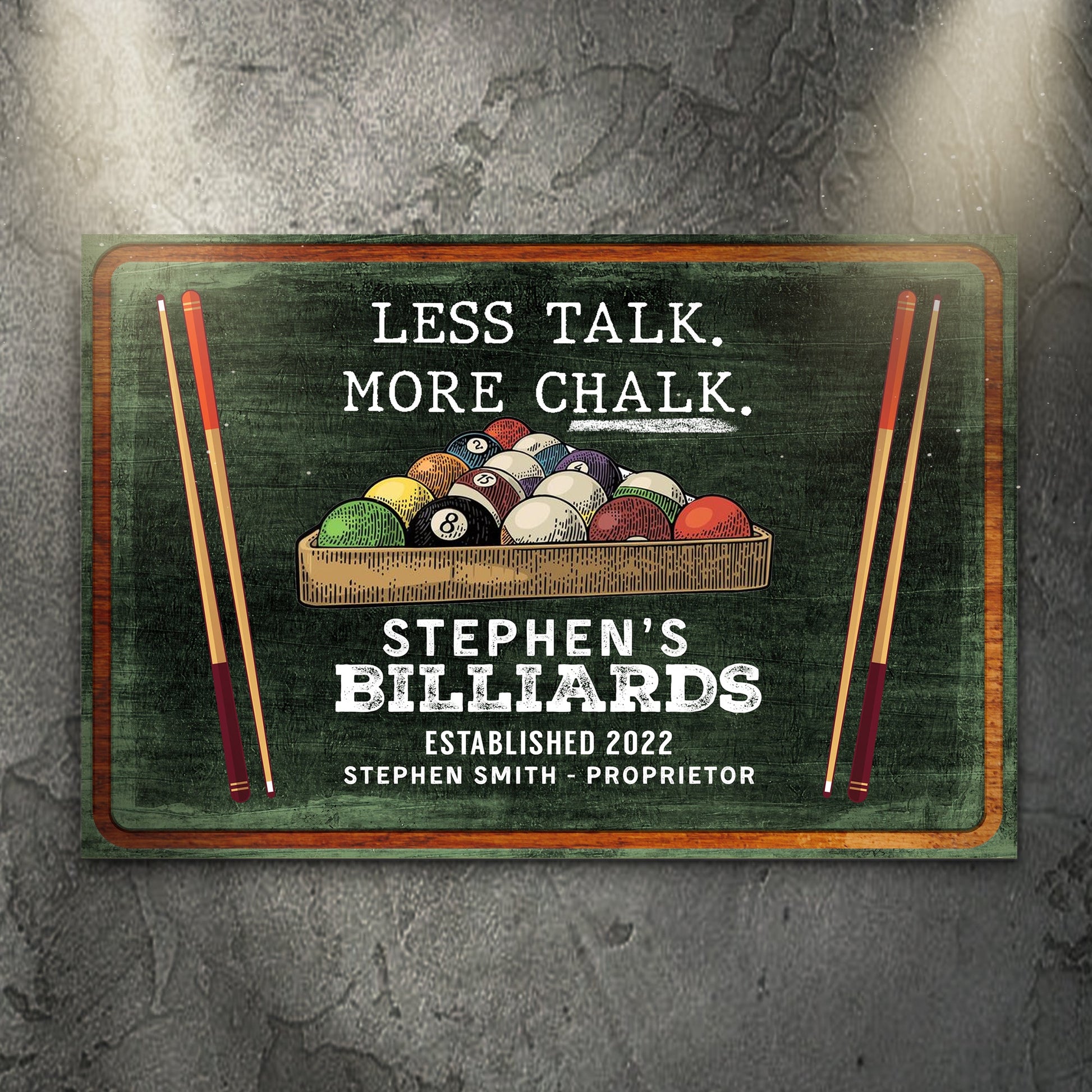 Less Talk More Chalk Billiards Sign II canvas by Tailored Canvases, green chalkboard with billiards on Tampa Home & Garden Store