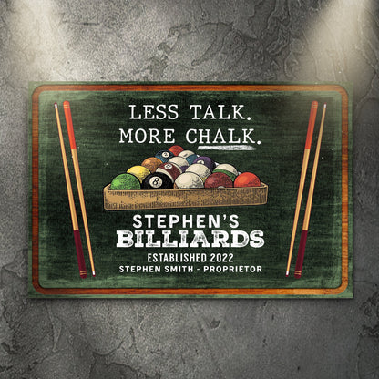Less Talk More Chalk Billiards Sign II canvas by Tailored Canvases, green chalkboard with billiards on Tampa Home & Garden Store