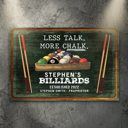 Less Talk More Chalk Billiards Sign II canvas by Tailored Canvases, green chalkboard with billiards on Tampa Home & Garden Store