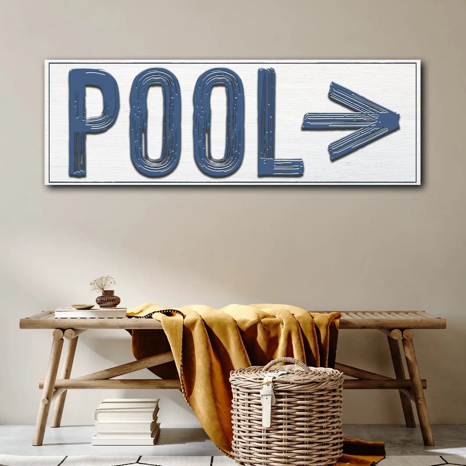 Pool Arrow Sign wall art navy blue with brushed texture and right arrow by Tailored Canvases on Tampa Home & Garden Store