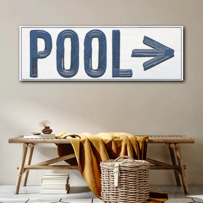 Pool Arrow Sign wall art navy blue with brushed texture and right arrow by Tailored Canvases on Tampa Home & Garden Store