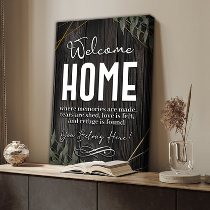 Canvas entryway sign You Belong Here Welcome Home by Tailored Canvases; dark wood with leaves on Tampa Home & Garden Store