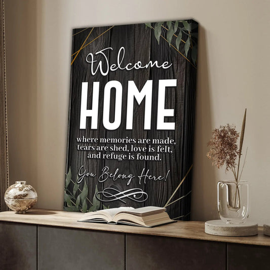 Canvas entryway sign You Belong Here Welcome Home by Tailored Canvases; dark wood with leaves on Tampa Home & Garden Store