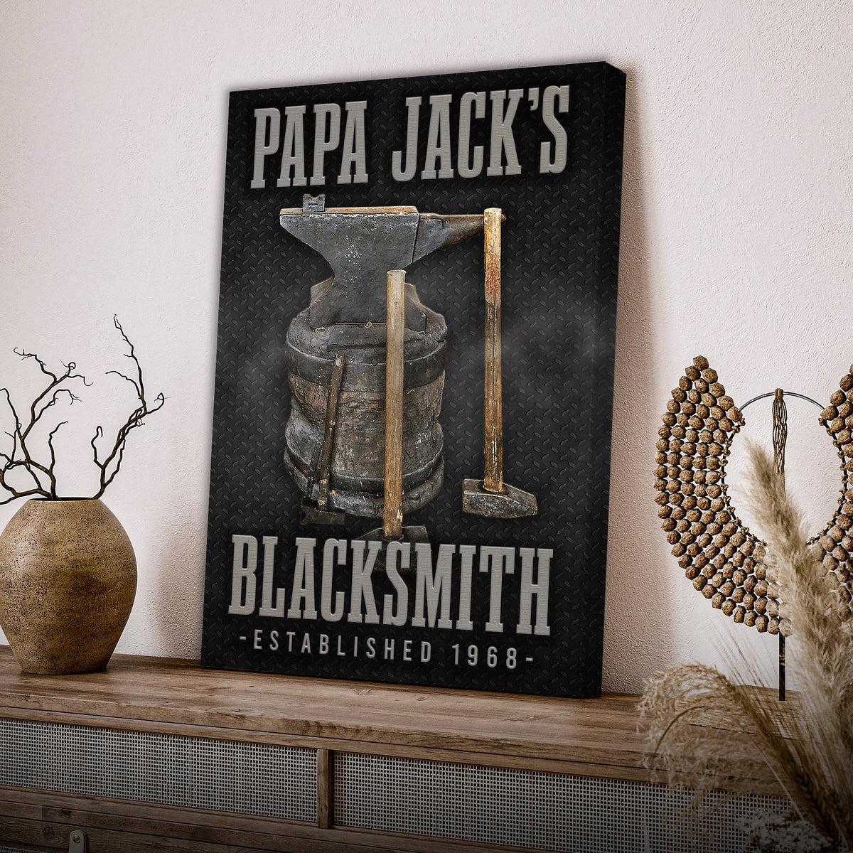 Blacksmith Sign canvas with bold gray type on a textured metal backdrop Tailored Canvases on Tampa Home & Garden Store
