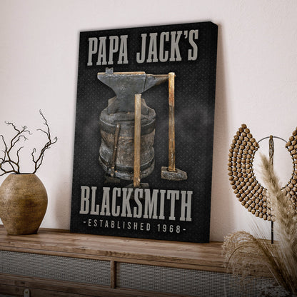 Blacksmith Sign canvas with bold gray type on a textured metal backdrop Tailored Canvases on Tampa Home & Garden Store