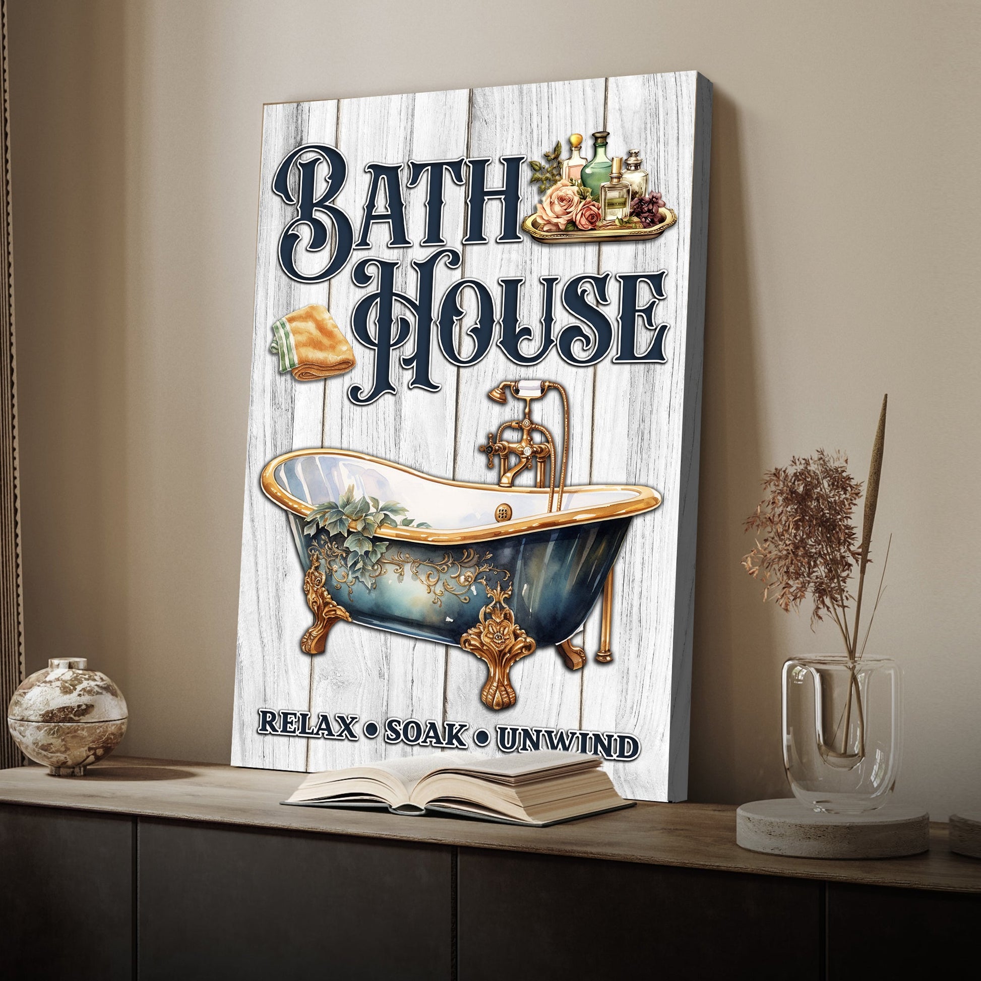 Relax Soak Unwind Bath House Sign canvas by Tailored Canvases on weathered white wood background on Tampa Home & Garden Store