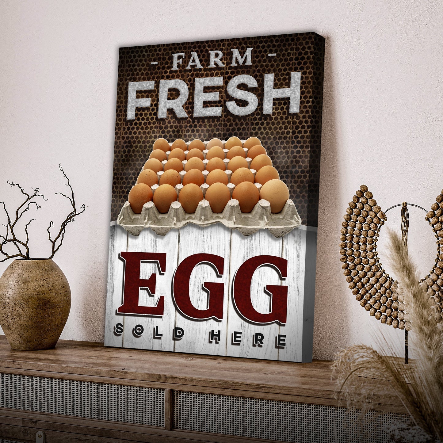 Sold Here Farm Fresh Eggs canvas sign by Tailored Canvases featuring rustic wood panel and eggs on Tampa Home & Garden Store
