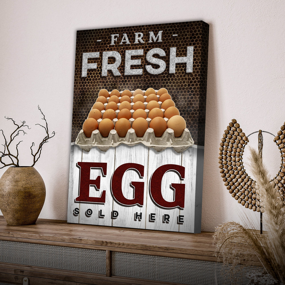 Sold Here Farm Fresh Eggs canvas sign by Tailored Canvases featuring rustic wood panel and eggs on Tampa Home & Garden Store