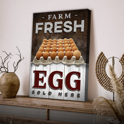 Sold Here Farm Fresh Eggs canvas sign by Tailored Canvases featuring rustic wood panel and eggs on Tampa Home & Garden Store