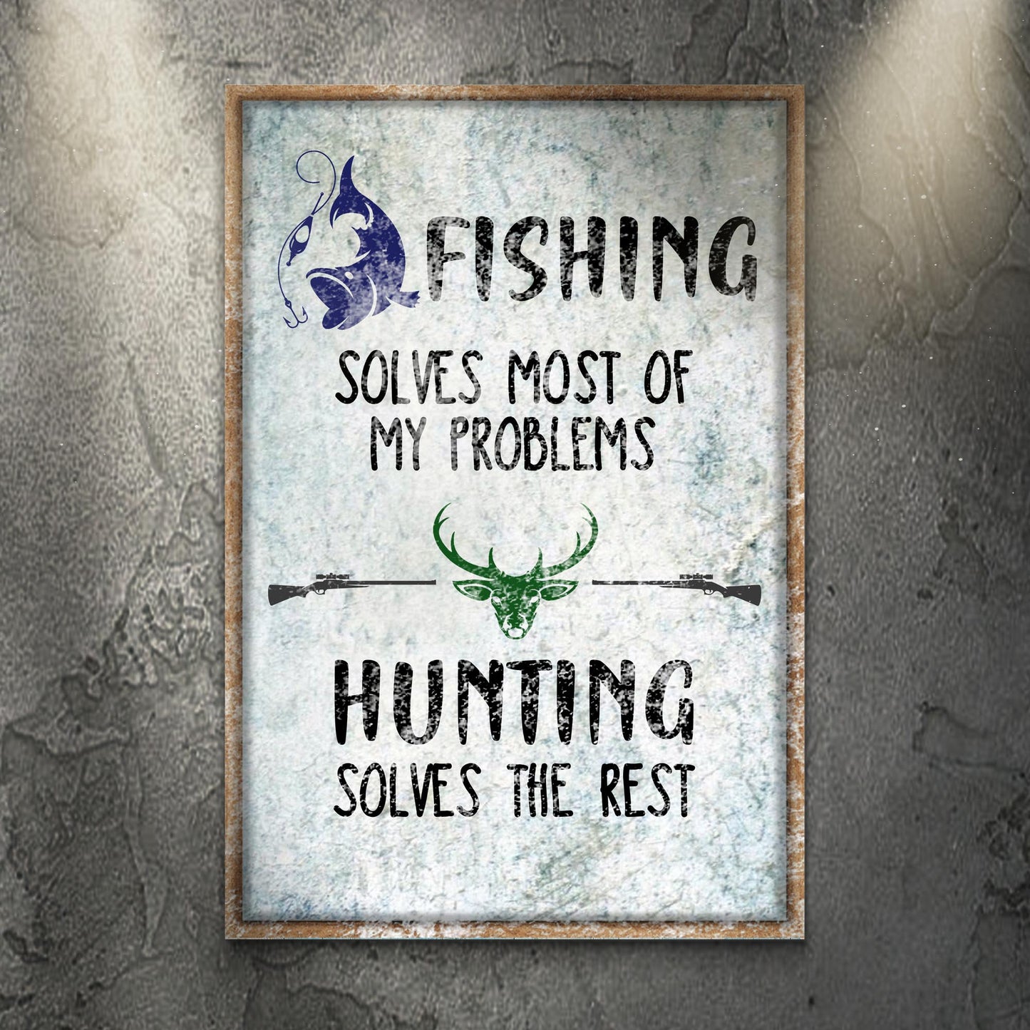 Fishing and Hunting Sign canvas by Tailored Canvases with rustic frame and blue fish art on Tampa Home & Garden Store