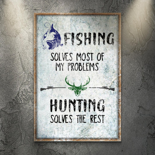 Fishing and Hunting Sign canvas by Tailored Canvases with rustic frame and blue fish art on Tampa Home & Garden Store