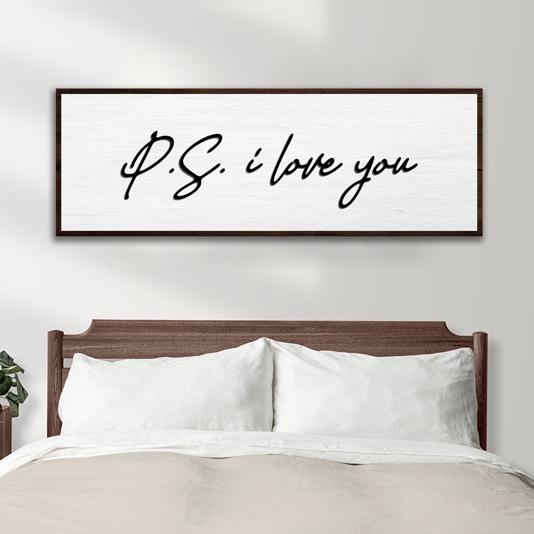 Valentine P.S. I Love You typography canvas by Tailored Canvases; white panel, dark wood frame on Tampa Home & Garden Store