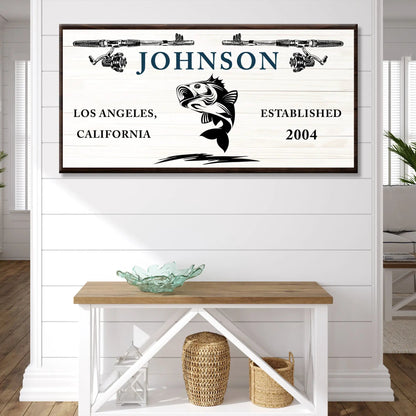 Canvas Catching Fish Sign by Tailored Canvases; white backdrop, JOHNSON text with fish & rods on Tampa Home & Garden Store
