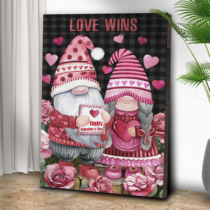 Valentine Gnomes Sign II canvas by Tailored Canvases with pink hats and hearts on dark plaid backdrop on Tampa Home & Garden Store