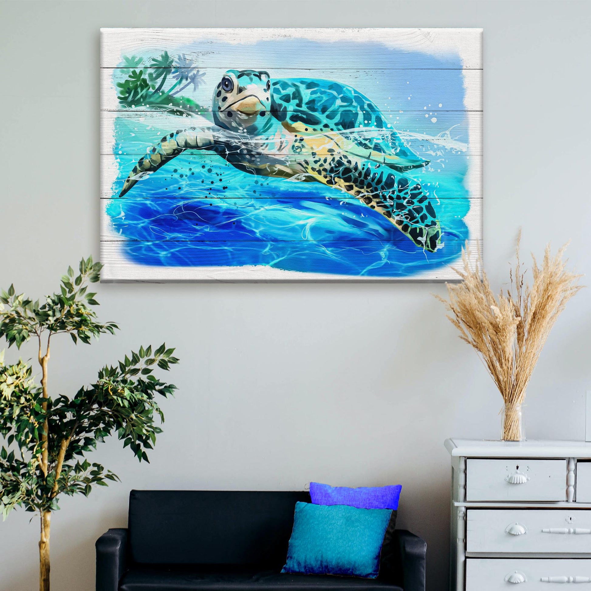 Turtle Oasis watercolor canvas wall art turquoise sea turtle on wood by Tailored Canvases on Tampa Home & Garden Store
