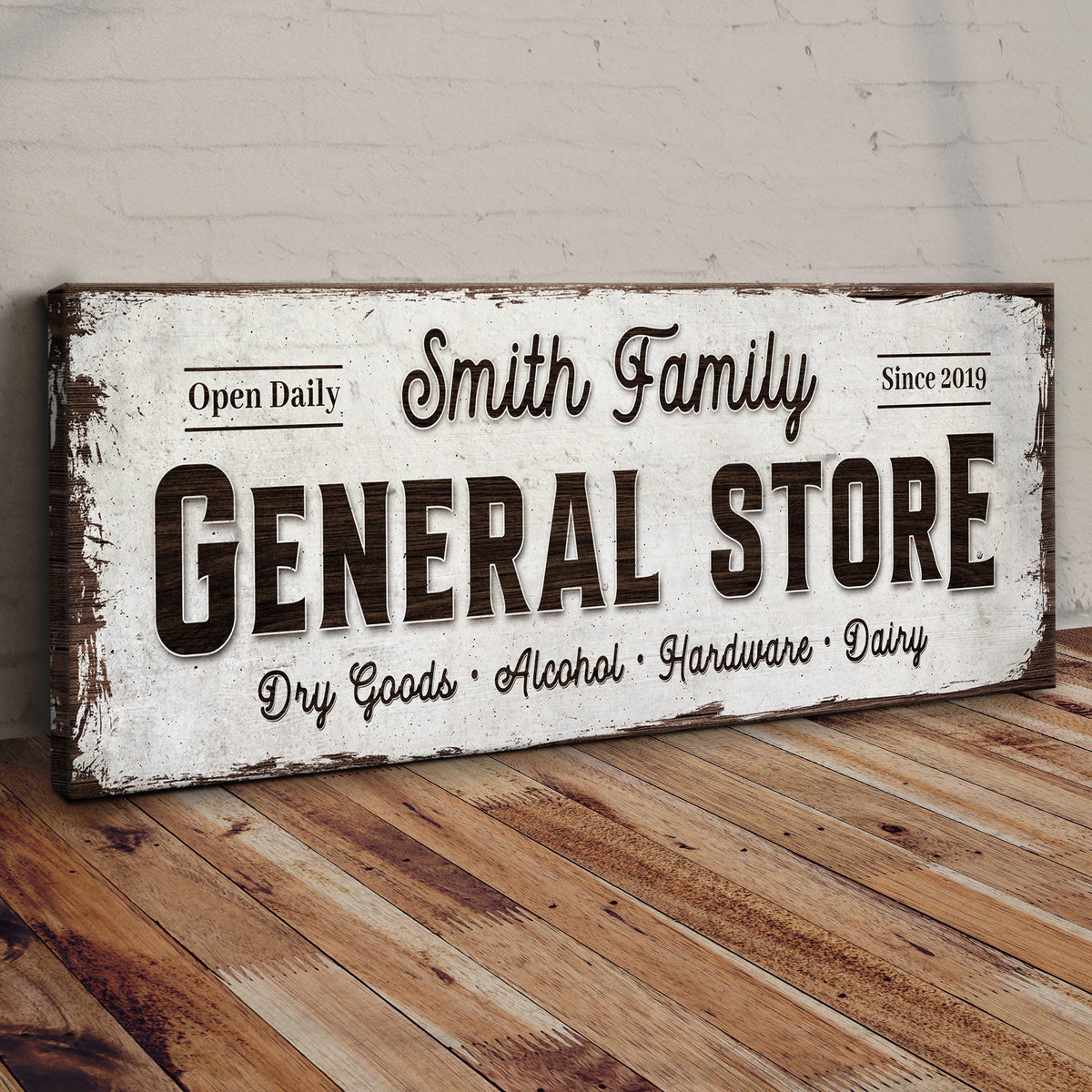 Tailored Canvases canvas sign with Smith Family General Store vintage typography on distressed white wood on Tampa Home & Garden Store