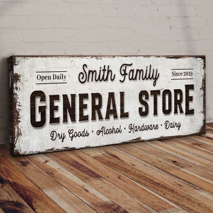 Tailored Canvases canvas sign with Smith Family General Store vintage typography on distressed white wood on Tampa Home & Garden Store