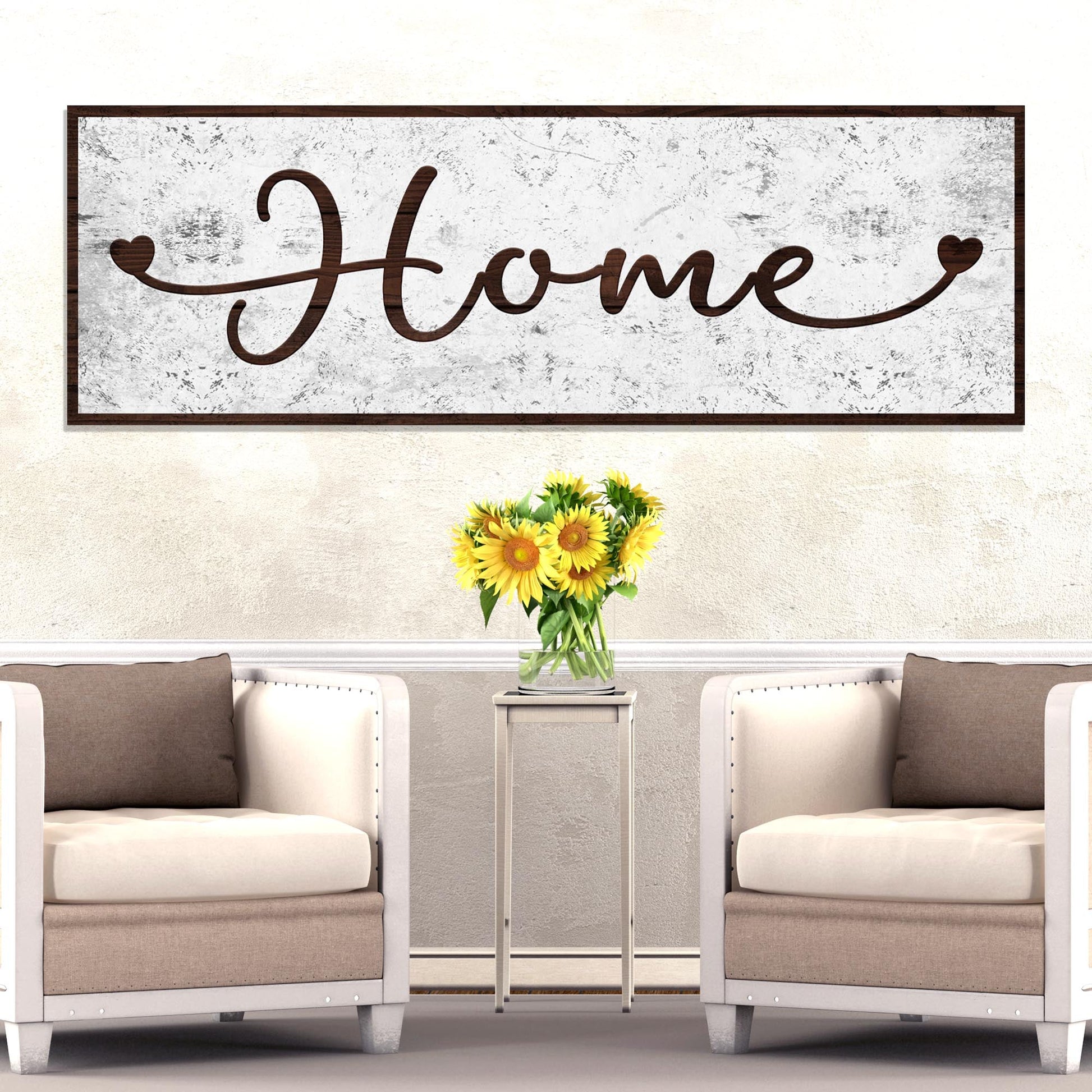 Home Sign II canvas by Tailored Canvases with wood frame and scripted Home on textured backdrop on Tampa Home & Garden Store