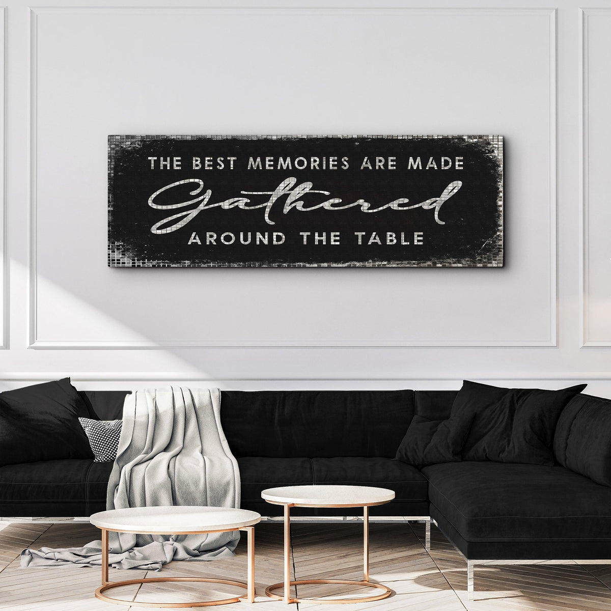 The Best Memories Are Made Gathered Around The Table Sign II canvas by Tailored Canvases; black distressed lettering on wall on Tampa Home & Garden Store