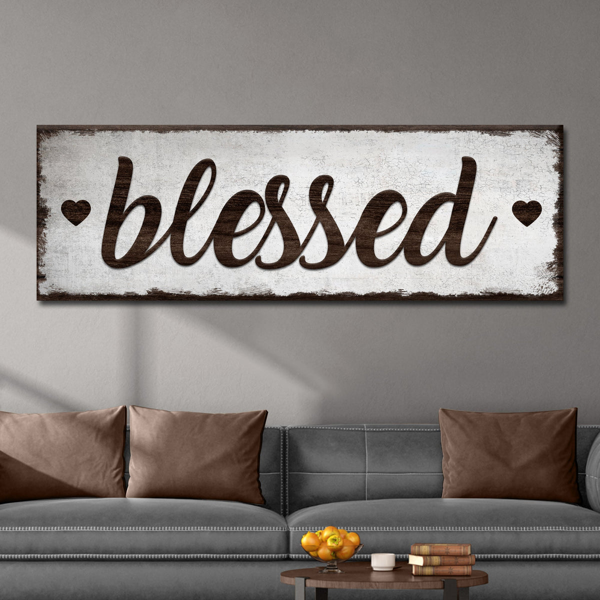Blessed Sign canvas by Tailored Canvases with distressed white background and dark brown script on Tampa Home & Garden Store