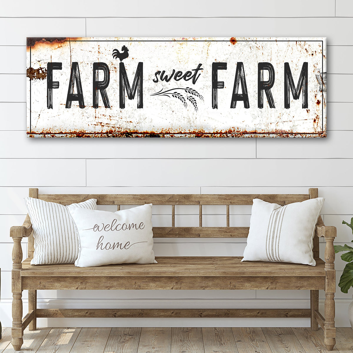 Farm Sweet Farm Sign canvas by Tailored Canvases, rustic white background and rooster on Tampa Home & Garden Store