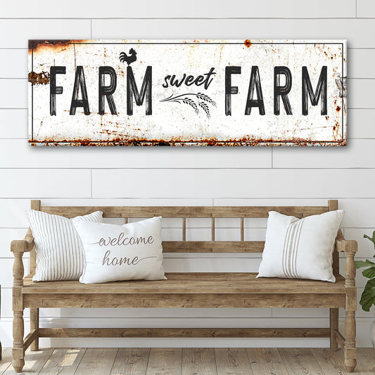 Farm Sweet Farm Sign canvas by Tailored Canvases, rustic white background and rooster on Tampa Home & Garden Store