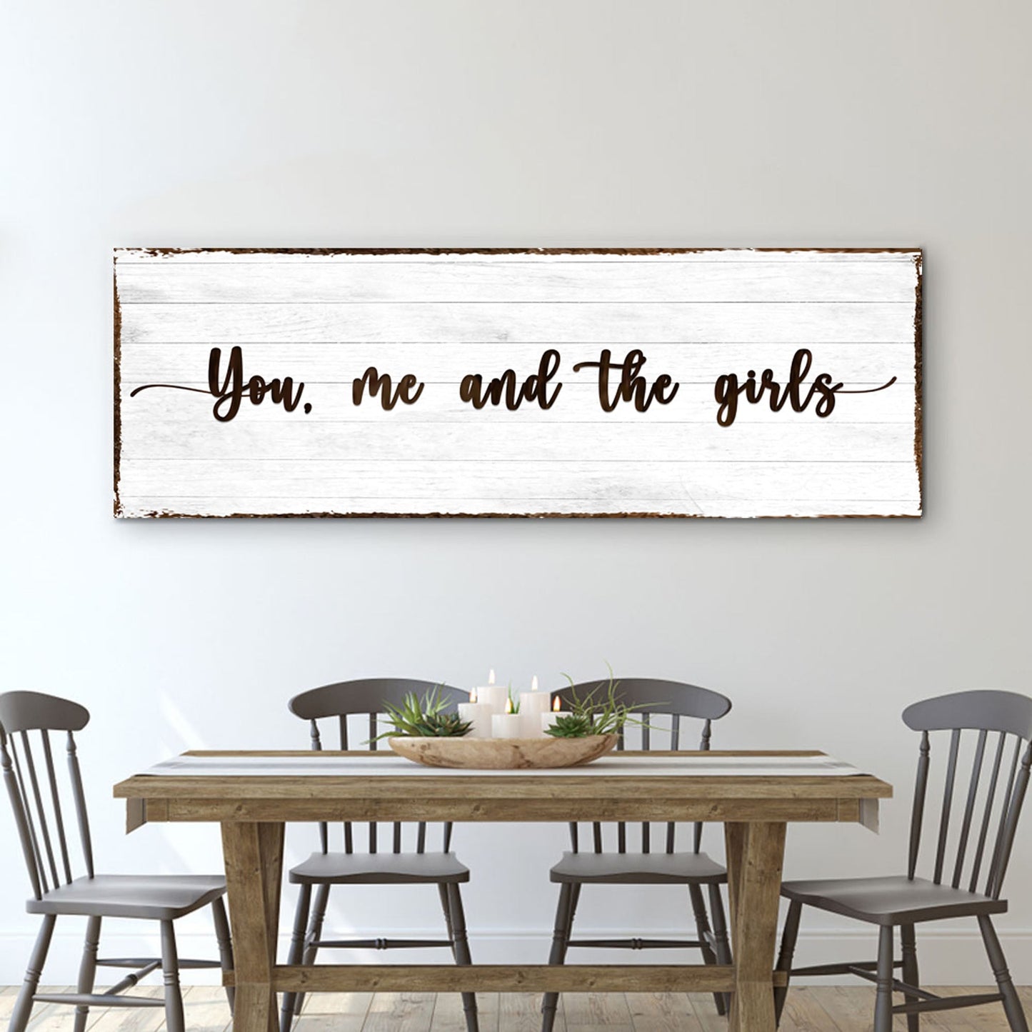Canvas sign You, me, and the girls in script on whitewashed wood by Tailored Canvases on Tampa Home & Garden Store