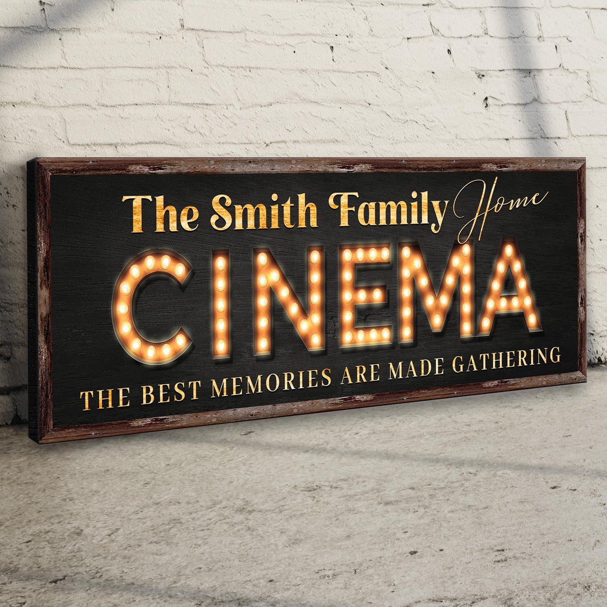Family Home Cinema Sign canvas by Tailored Canvases with marquee lights on dark wood frame on Tampa Home & Garden Store