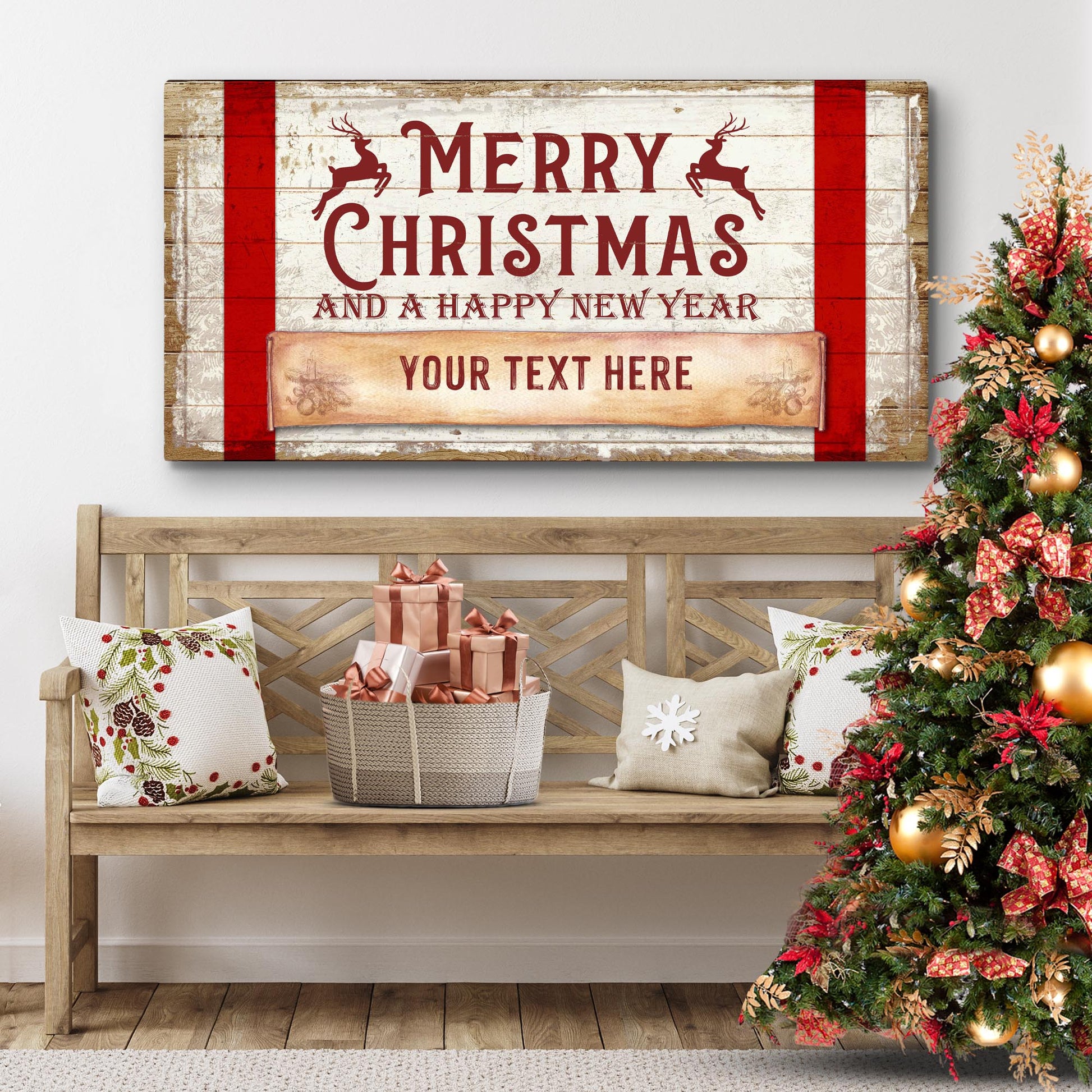 Canvas sign Merry Christmas and a Happy New Year by Tailored Canvases red accents on Tampa Home & Garden Store