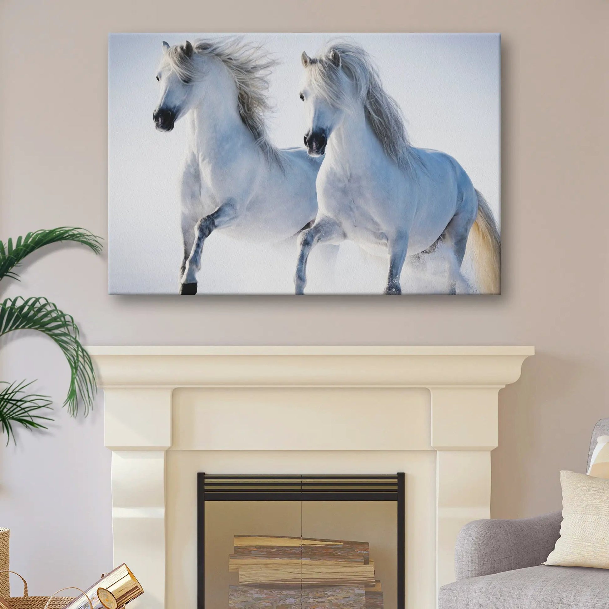 White Horse Couple Canvas by Tailored Canvases; two white horses rearing against blue backdrop on Tampa Home & Garden Store
