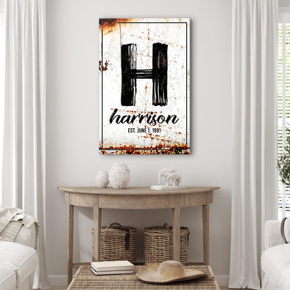 Family Name Portrait Sign canvas with bold black H and cursive Harrison on rust backdrop on Tampa Home & Garden Store