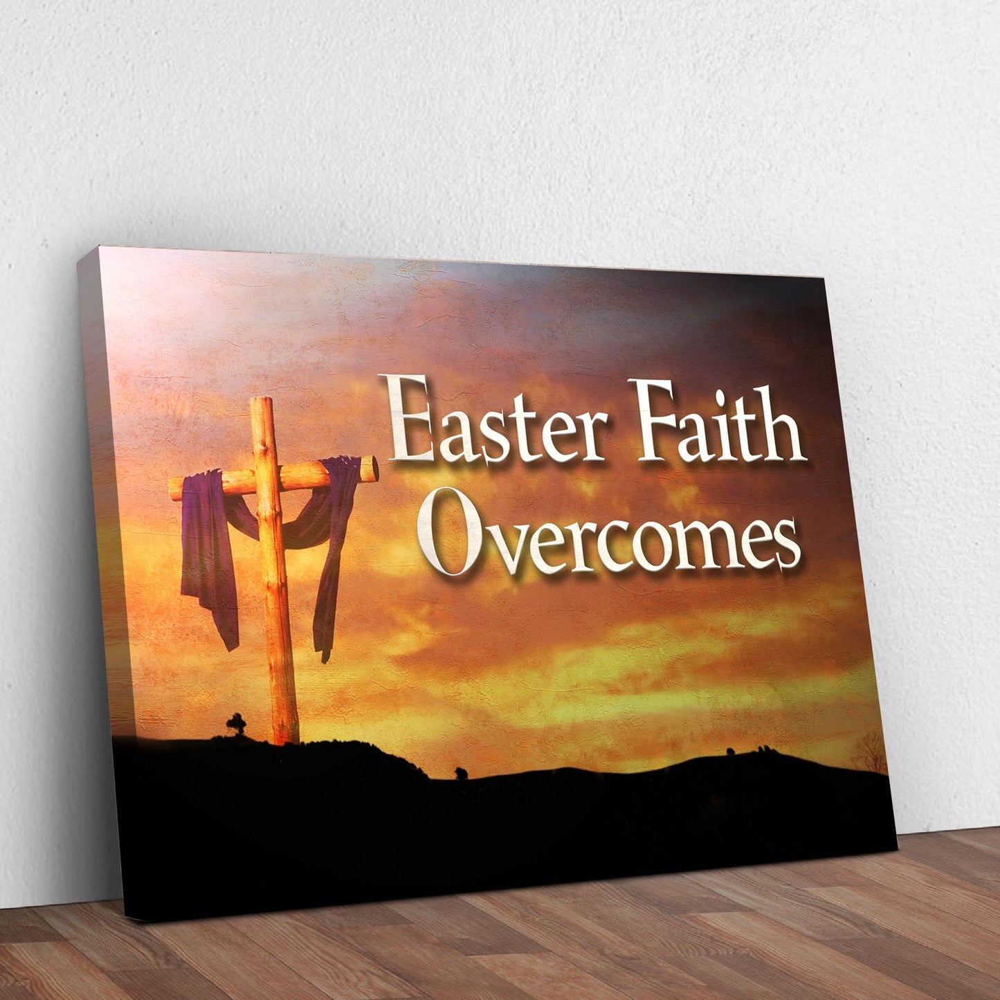 Easter Faith Overcomes canvas by Tailored Canvases with cross and sunset backdrop on Tampa Home & Garden Store