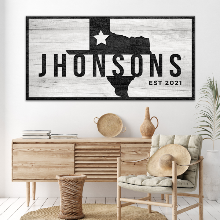 Texas Family Name Sign canvas by Tailored Canvases with Texas silhouette on rustic wood on Tampa Home & Garden Store