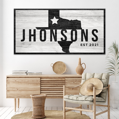 Texas Family Name Sign canvas by Tailored Canvases with Texas silhouette on rustic wood on Tampa Home & Garden Store